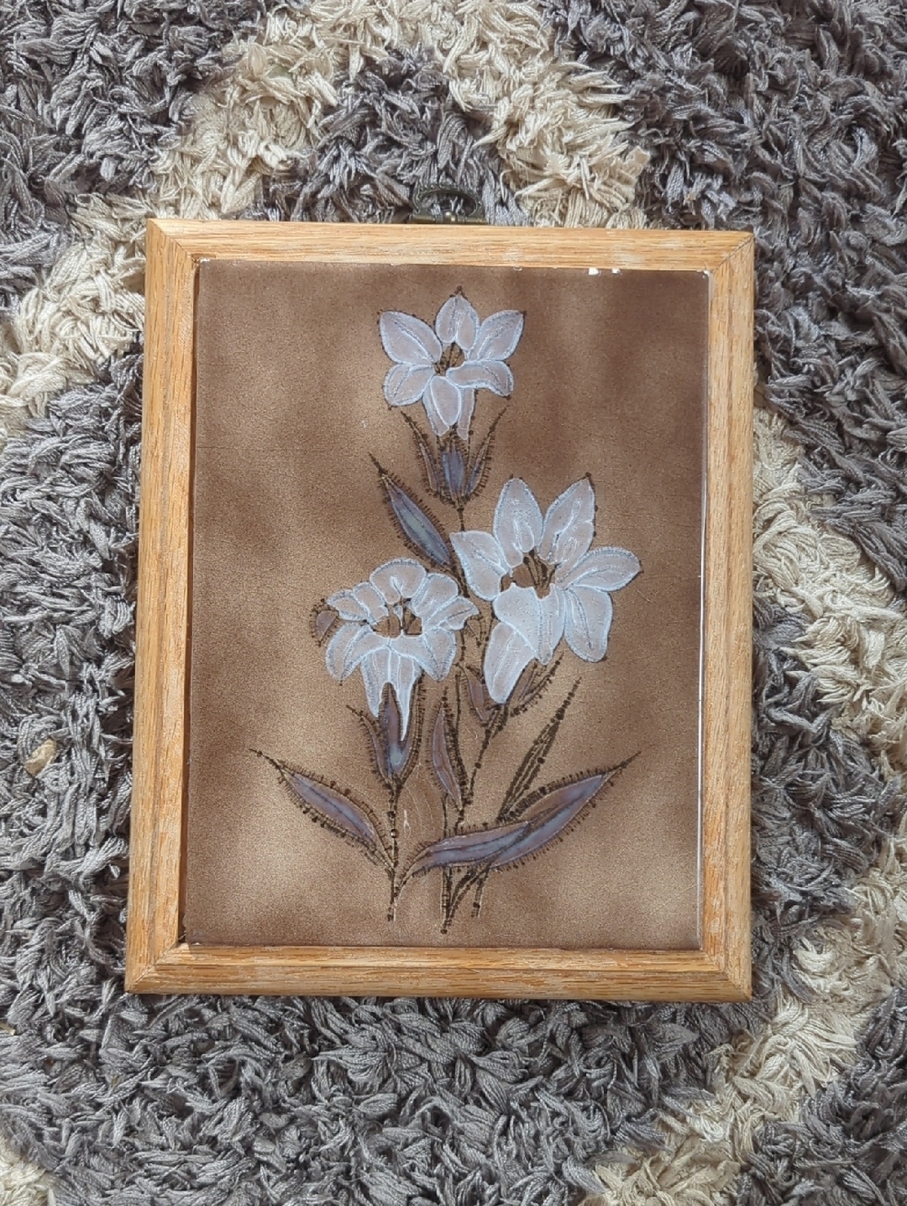 Hand-Painted White Floral Artwork in Wooden Frame By Leroy Hubbard